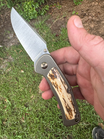 1 of 1 Custom Guppy! Fossilized Ivory Inlay, Deleted Tab Stonewashed Blade, Thumb Stud, Bronze Anodized scales and hardware and Chad Nichols Moka Ti Clip!